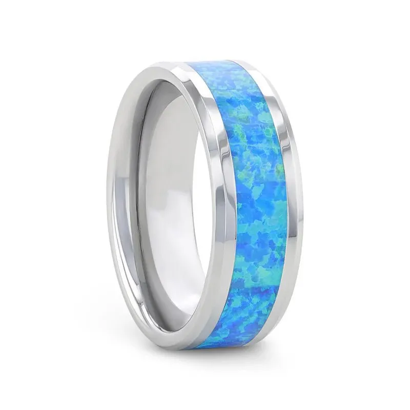 QUASAR | Tungsten Ring Blue Green Opal Inlay