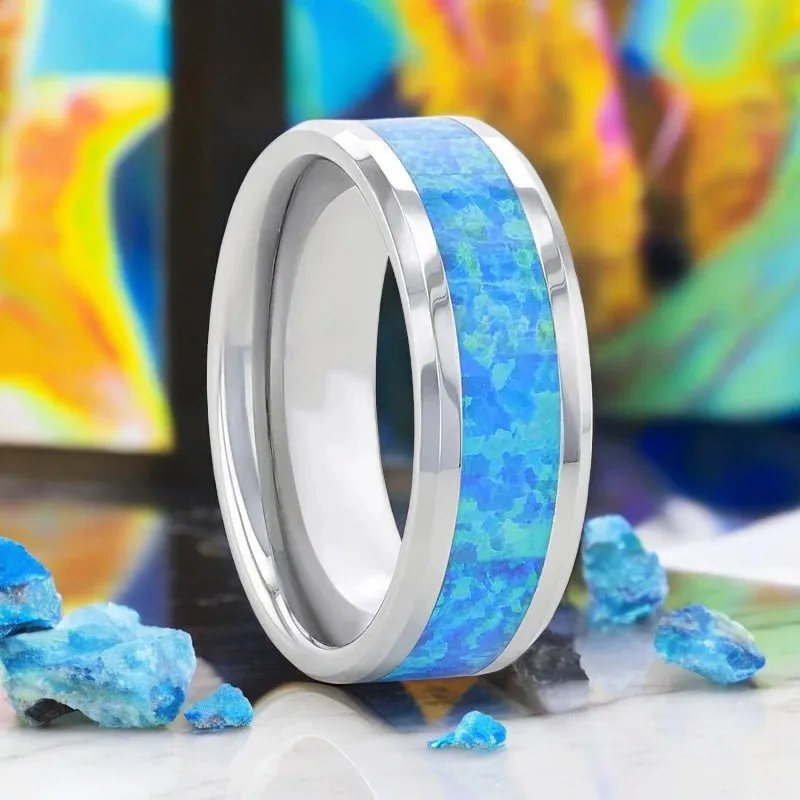 QUASAR | Tungsten Ring Blue Green Opal Inlay