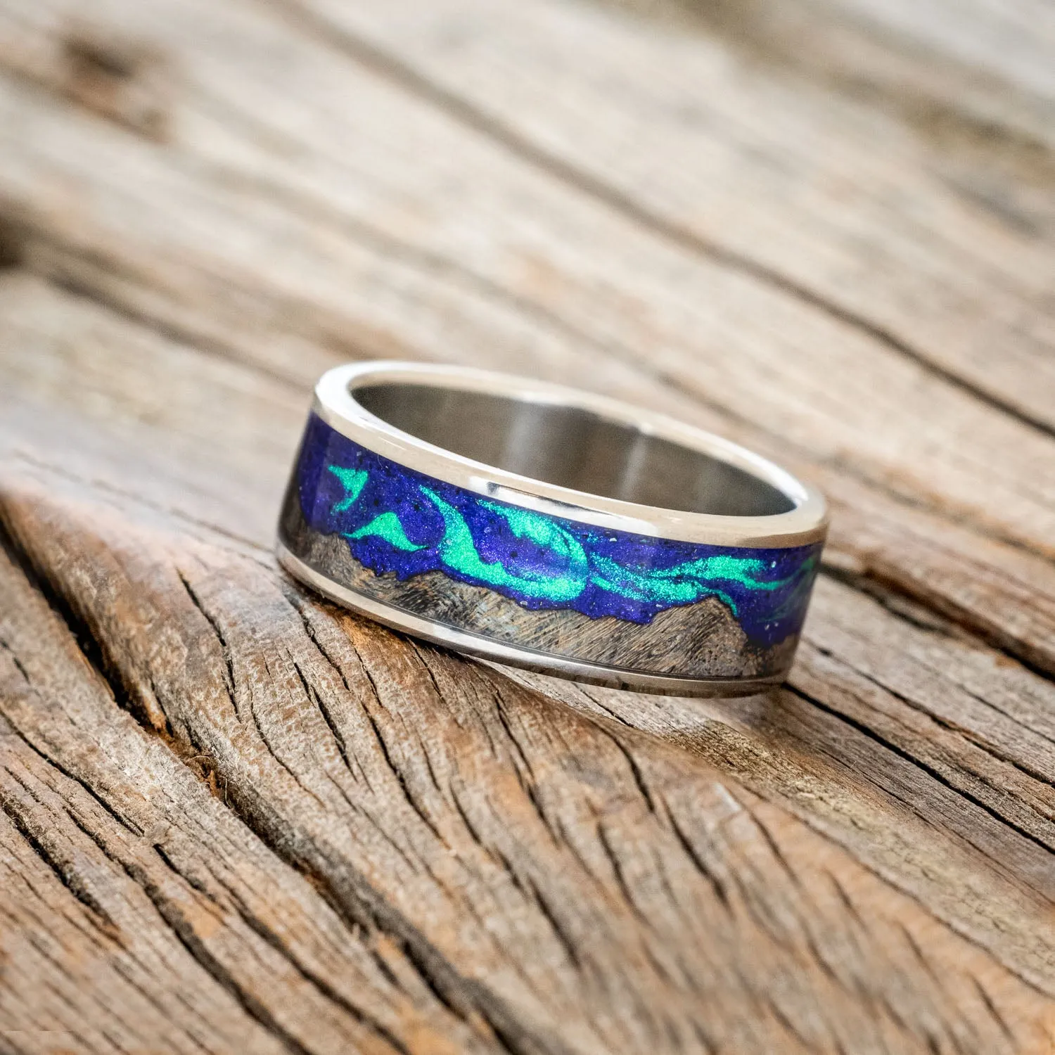 "BOREALIS" - MOUNTAIN ENGRAVED WEDDING RING WITH DARK GRAY MAPLE WOOD & GLOW IN THE DARK NORTHERN LIGHTS - TITANIUM - SIZE 7 3/4