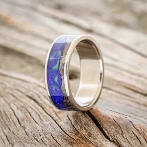 "BOREALIS" - MOUNTAIN ENGRAVED WEDDING RING WITH DARK GRAY MAPLE WOOD & GLOW IN THE DARK NORTHERN LIGHTS - TITANIUM - SIZE 7 3/4