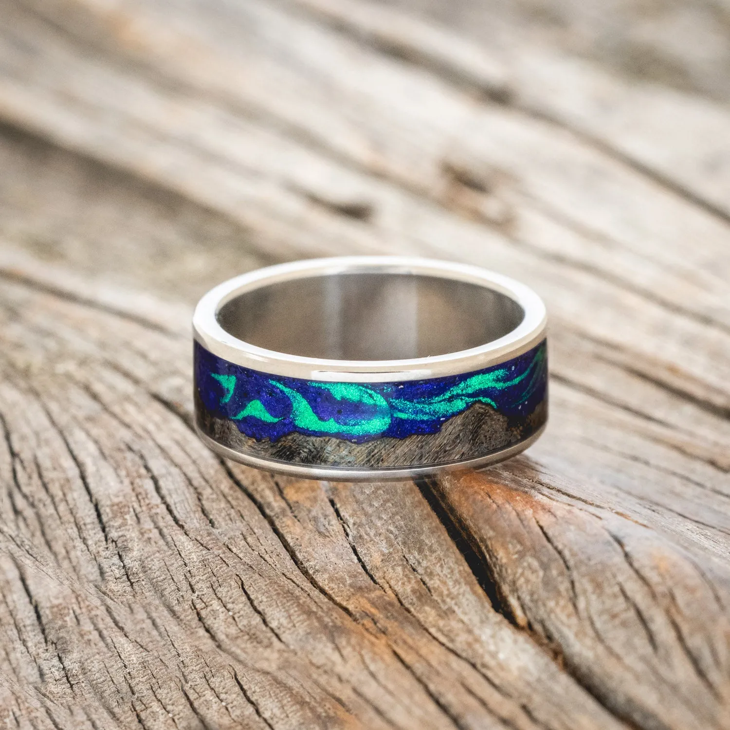 "BOREALIS" - MOUNTAIN ENGRAVED WEDDING RING WITH DARK GRAY MAPLE WOOD & GLOW IN THE DARK NORTHERN LIGHTS - TITANIUM - SIZE 7 3/4