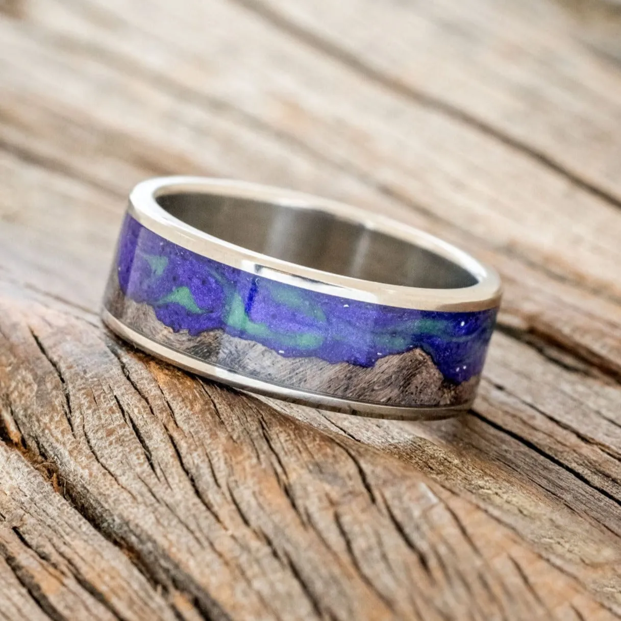 "BOREALIS" - MOUNTAIN ENGRAVED WEDDING RING WITH DARK GRAY MAPLE WOOD & GLOW IN THE DARK NORTHERN LIGHTS - TITANIUM - SIZE 7 3/4