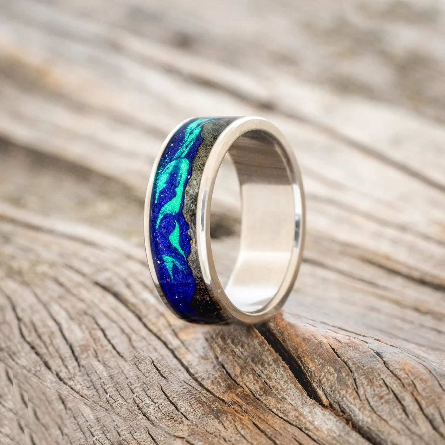 "BOREALIS" - MOUNTAIN ENGRAVED WEDDING RING WITH DARK GRAY MAPLE WOOD & GLOW IN THE DARK NORTHERN LIGHTS - TITANIUM - SIZE 7 3/4