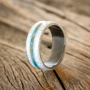 "CANYON" - ANTLER, TURQUOISE & PATINA COPPER WEDDING BAND - BLACK ZIRCONIUM - SIZE 12 1/4