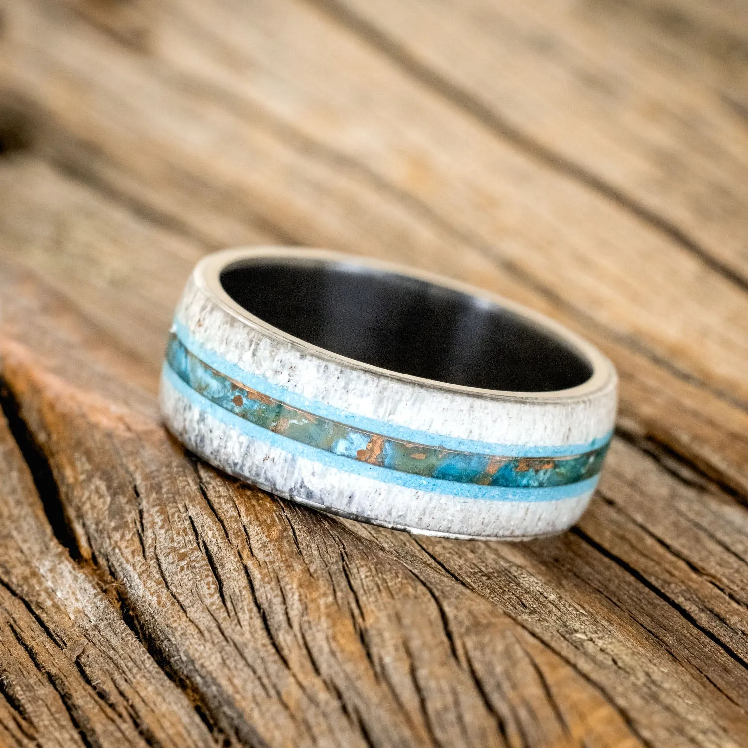 "CANYON" - ANTLER, TURQUOISE & PATINA COPPER WEDDING BAND - BLACK ZIRCONIUM - SIZE 12 1/4