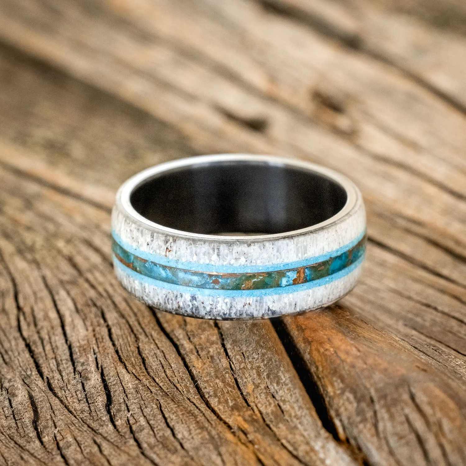 "CANYON" - ANTLER, TURQUOISE & PATINA COPPER WEDDING BAND - BLACK ZIRCONIUM - SIZE 12 1/4