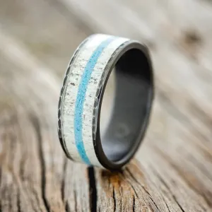 "RAINIER" - ANTLER & TURQUOISE HAMMERED BAND - BLACK ZIRCONIUM - SIZE 10 1/2