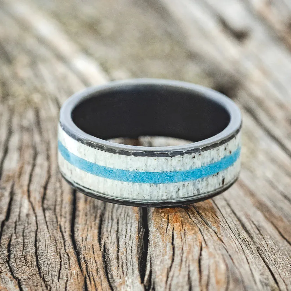 "RAINIER" - ANTLER & TURQUOISE HAMMERED BAND - BLACK ZIRCONIUM - SIZE 10 1/2