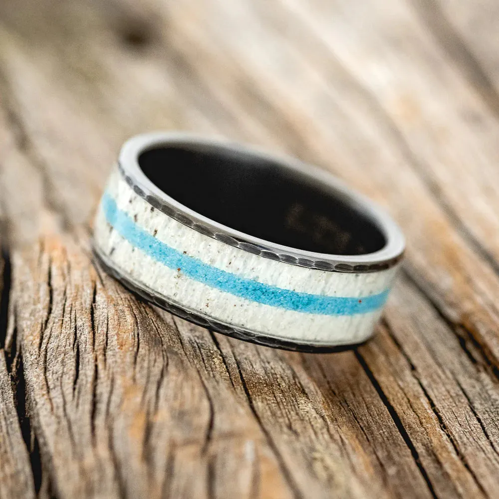 "RAINIER" - ANTLER & TURQUOISE HAMMERED BAND - BLACK ZIRCONIUM - SIZE 10 1/2