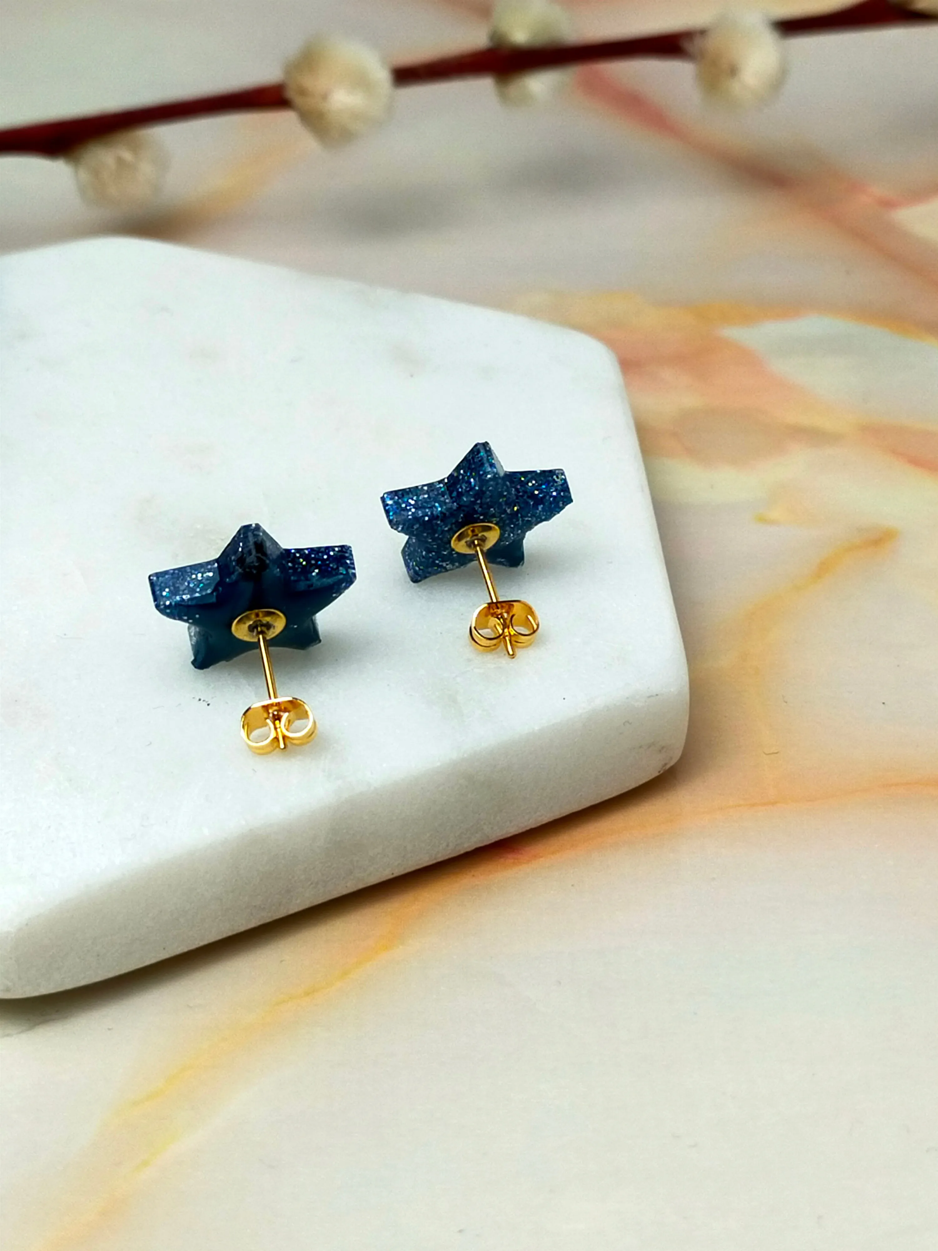 "Selene" Blue Navy Glitter Star Stud Earrings