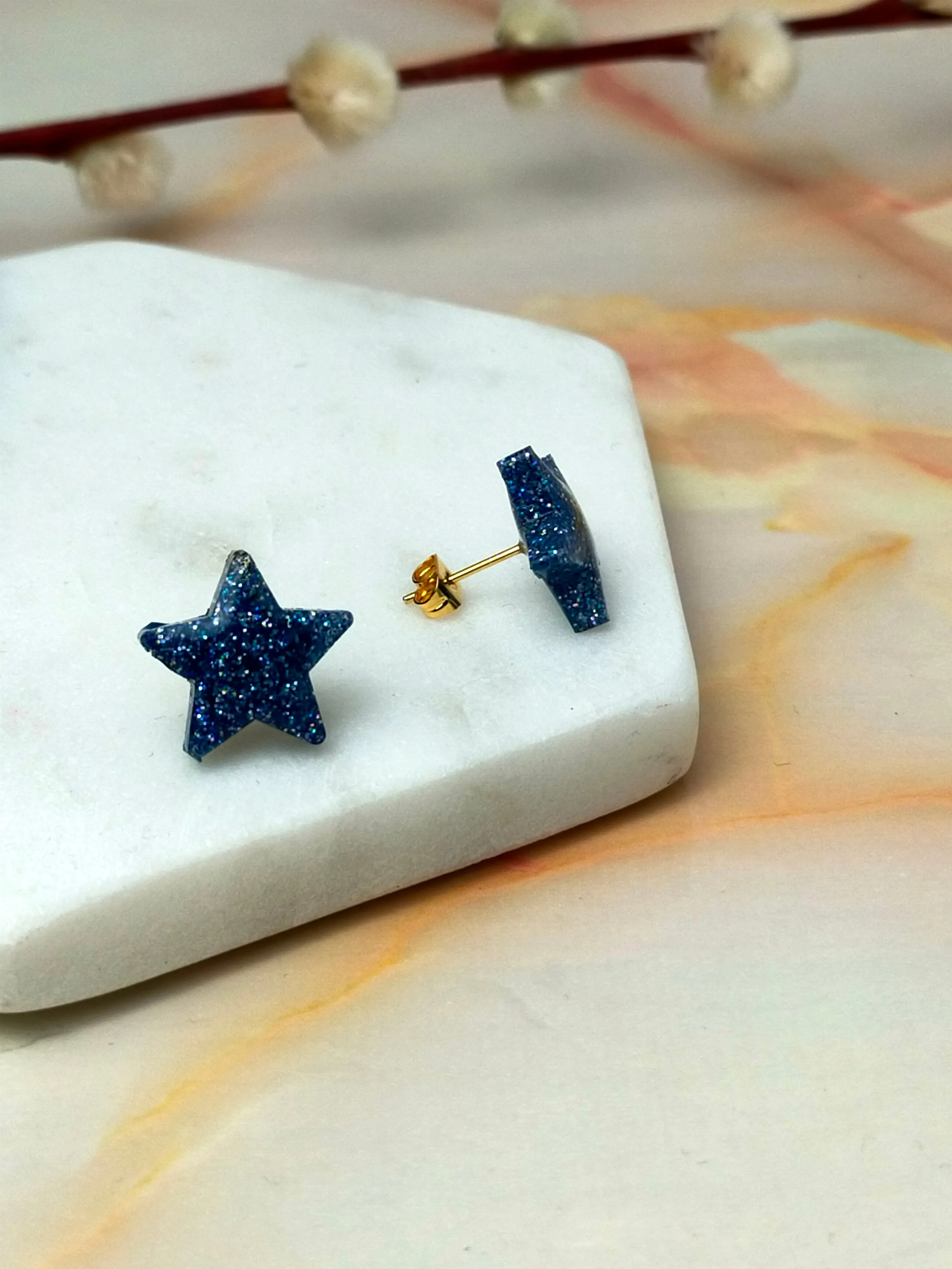 "Selene" Blue Navy Glitter Star Stud Earrings