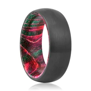 ROBINSON | Green & Red Wood, Black Tungsten Ring, Brushed, Domed