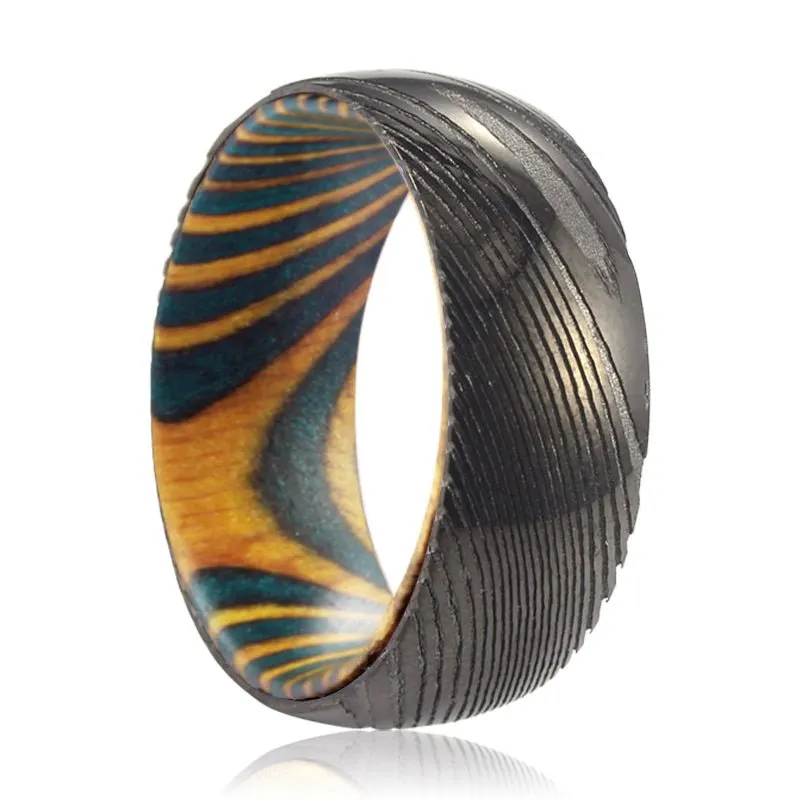 ROCKLER | Green & Yellow Wood, Gunmetal Damascus Steel Ring, Domed