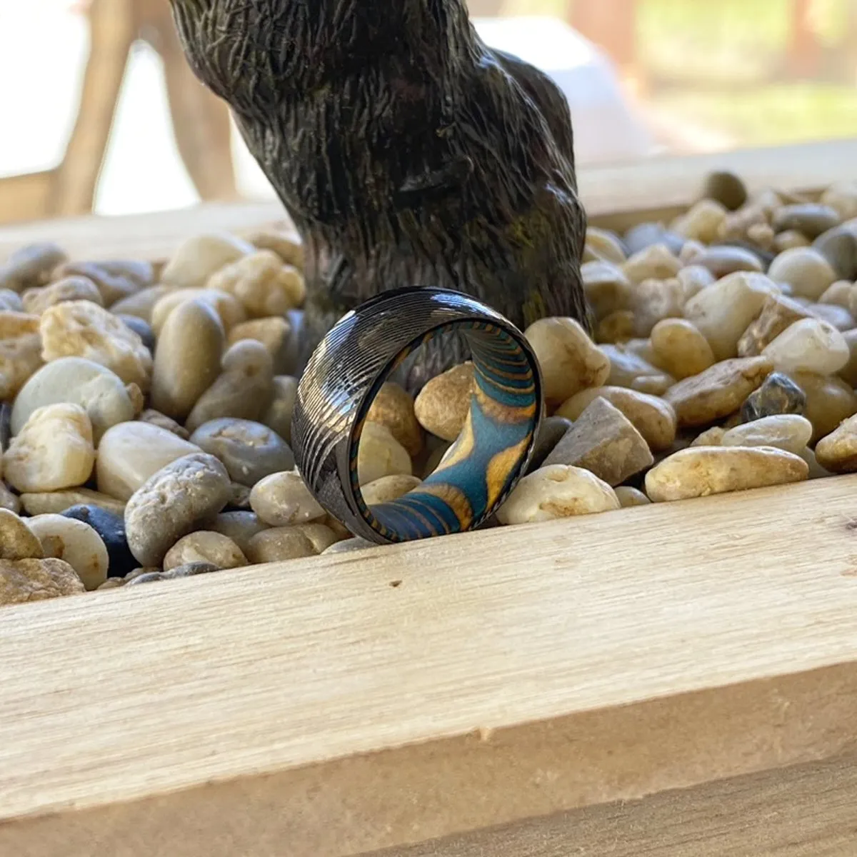 ROCKLER | Green & Yellow Wood, Gunmetal Damascus Steel Ring, Domed