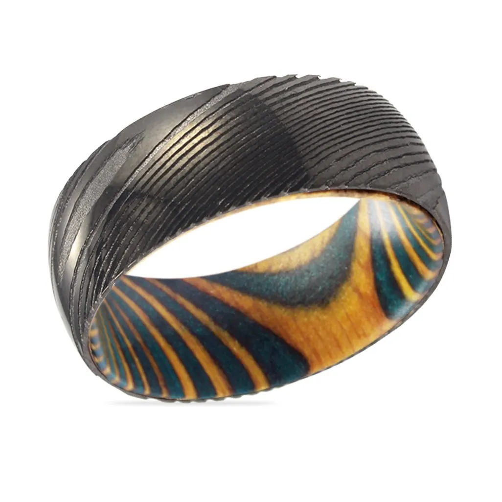 ROCKLER | Green & Yellow Wood, Gunmetal Damascus Steel Ring, Domed