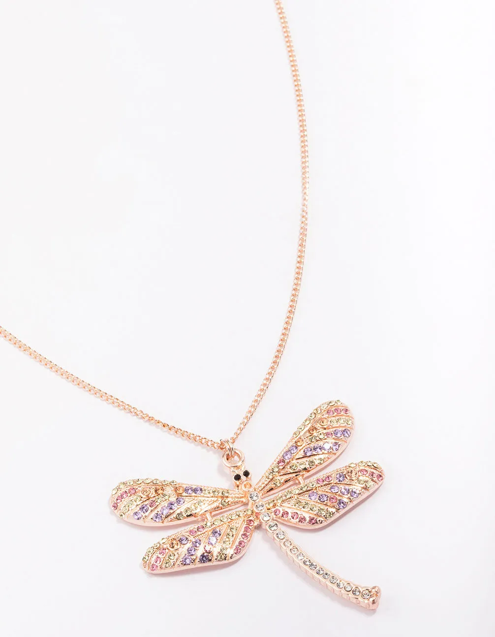 Rose Gold Dragonfly Cluster Diamante Pendant Necklace