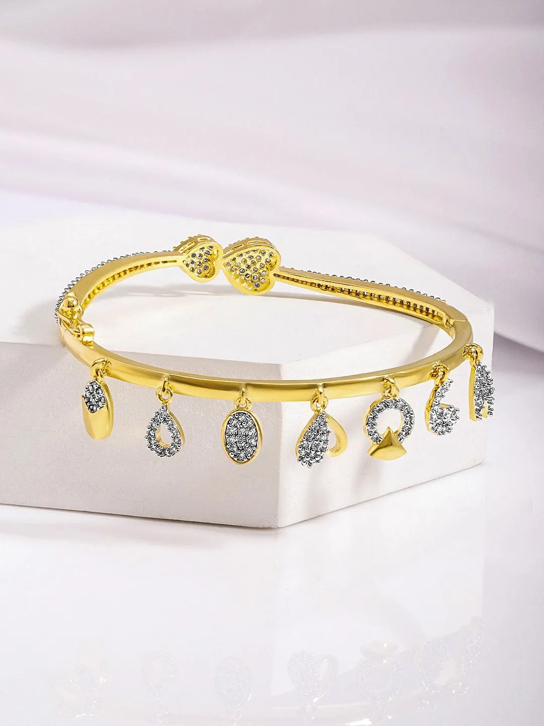 Rubans Premium 22K Gold-Plated AD & Zirconia Studded Openable Bangle Style Bracelet with Charms