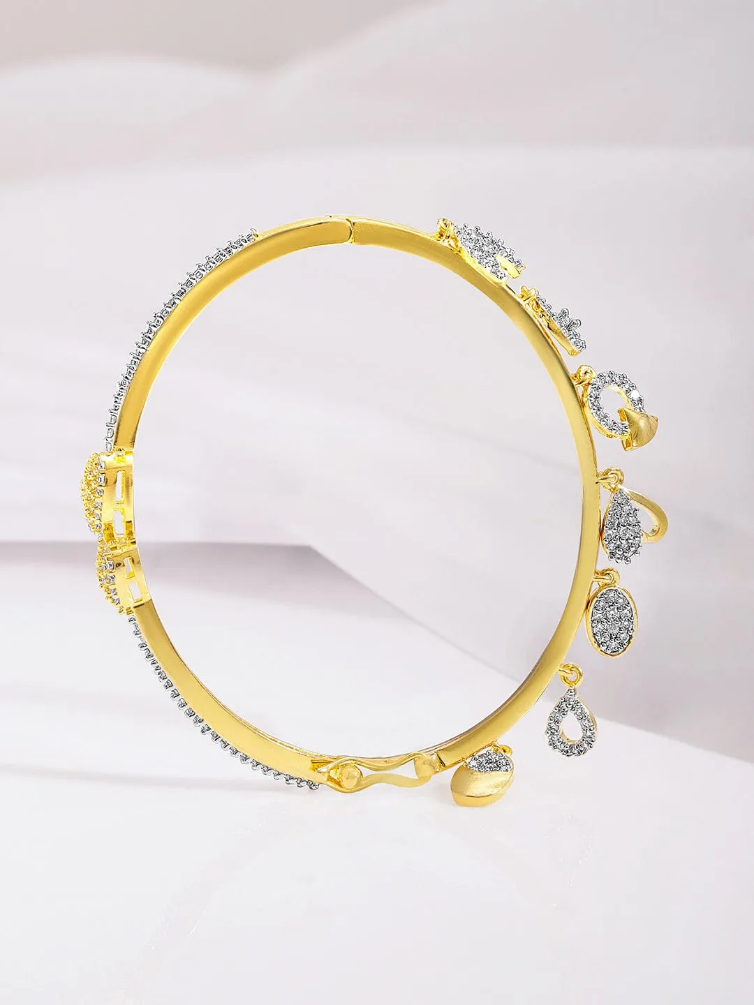 Rubans Premium 22K Gold-Plated AD & Zirconia Studded Openable Bangle Style Bracelet with Charms