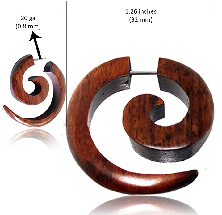 Spiral Fake Gauges for Women or Men - Faux Gauge Earrings with Organic Wood and Surgical Steel - Fake Plugs Sold as a Pair in Black or Brown