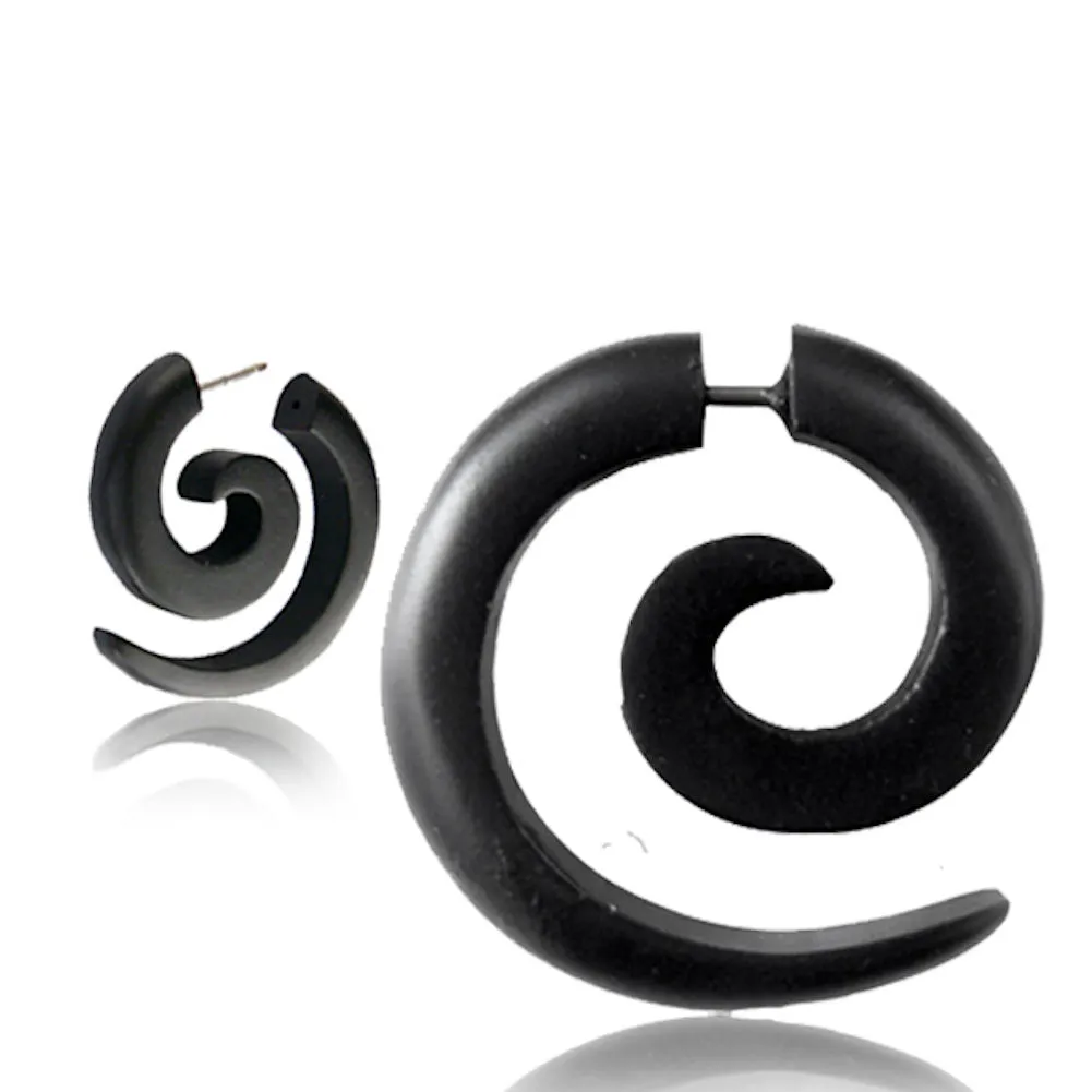 Spiral Fake Gauges for Women or Men - Faux Gauge Earrings with Organic Wood and Surgical Steel - Fake Plugs Sold as a Pair in Black or Brown