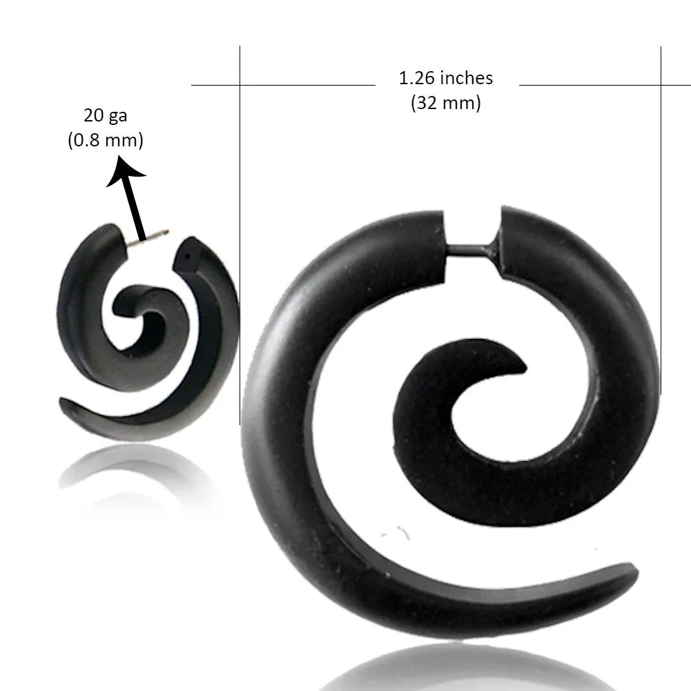 Spiral Fake Gauges for Women or Men - Faux Gauge Earrings with Organic Wood and Surgical Steel - Fake Plugs Sold as a Pair in Black or Brown