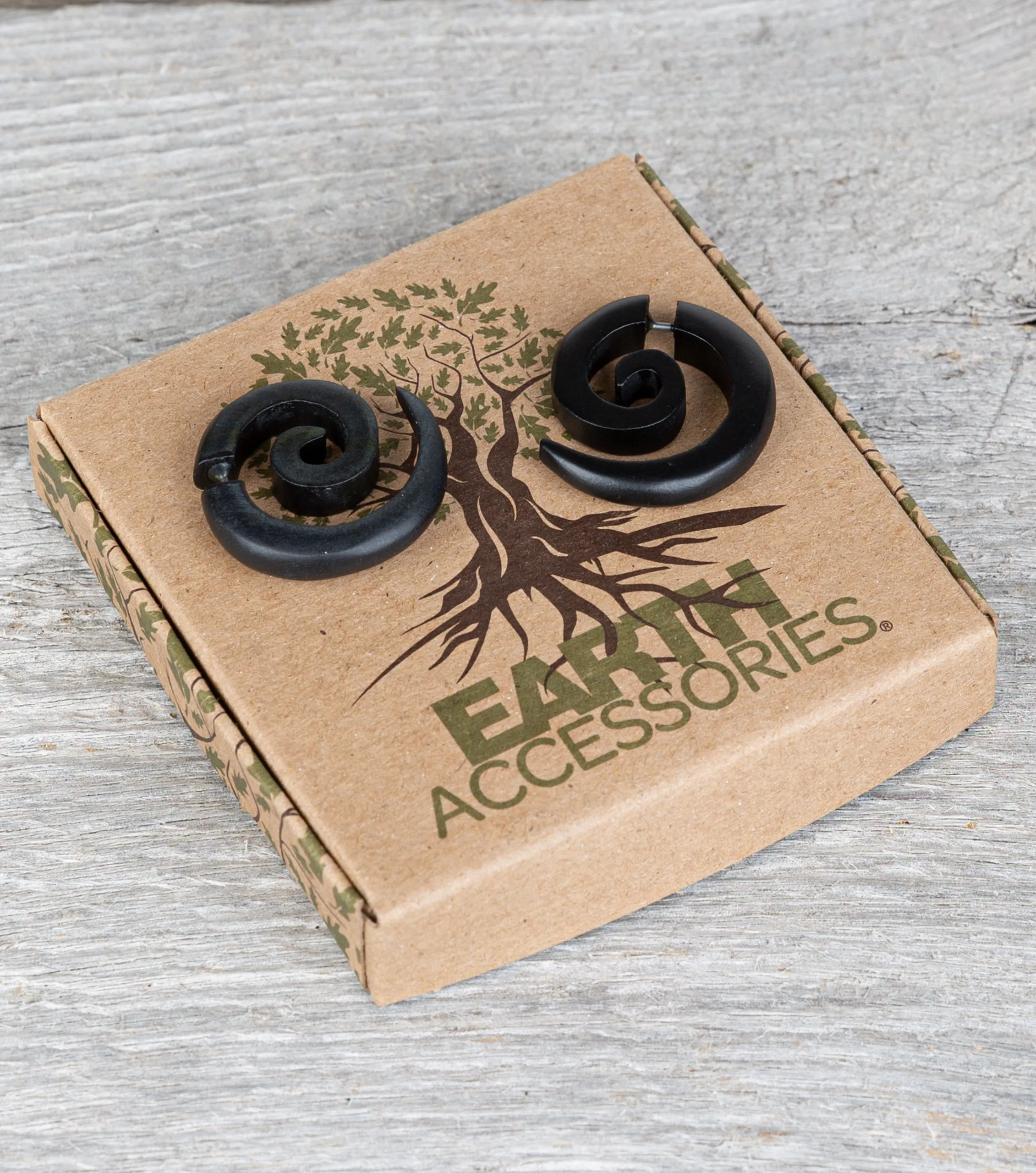 Spiral Fake Gauges for Women or Men - Faux Gauge Earrings with Organic Wood and Surgical Steel - Fake Plugs Sold as a Pair in Black or Brown