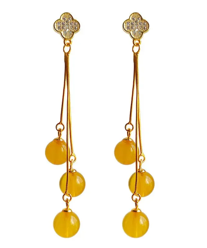 Sterling Silver Overgild Inlaid Amber Beeswax Drop Earrings