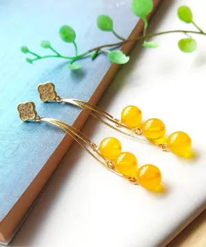 Sterling Silver Overgild Inlaid Amber Beeswax Drop Earrings