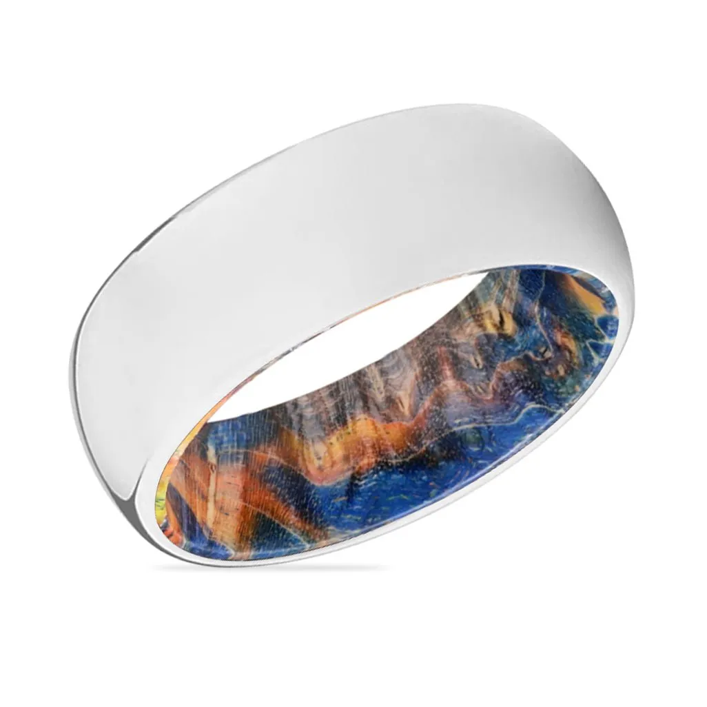 SUMMER | Blue & Yellow/Orange Wood, Silver Tungsten Ring, Shiny, Domed