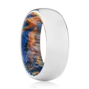 SUMMER | Blue & Yellow/Orange Wood, Silver Tungsten Ring, Shiny, Domed