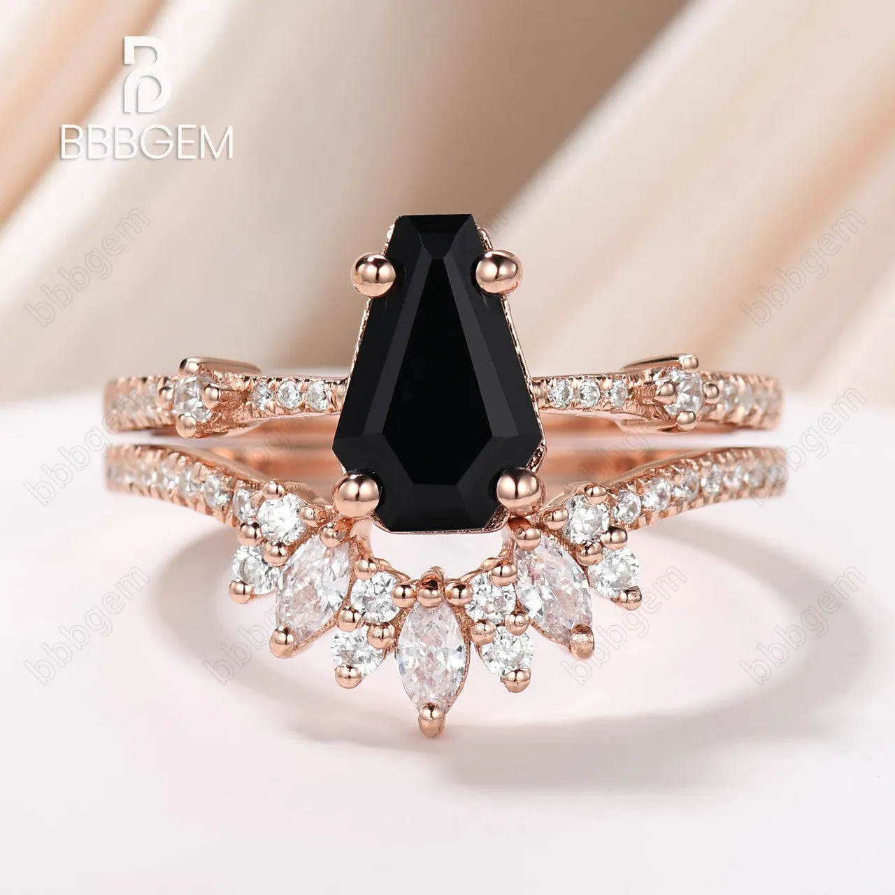 Unique Coffin Black Onyx Wedding Ring Set For Women Rose Gold Three Stone Coffin Ring Set Marquise Moissanite