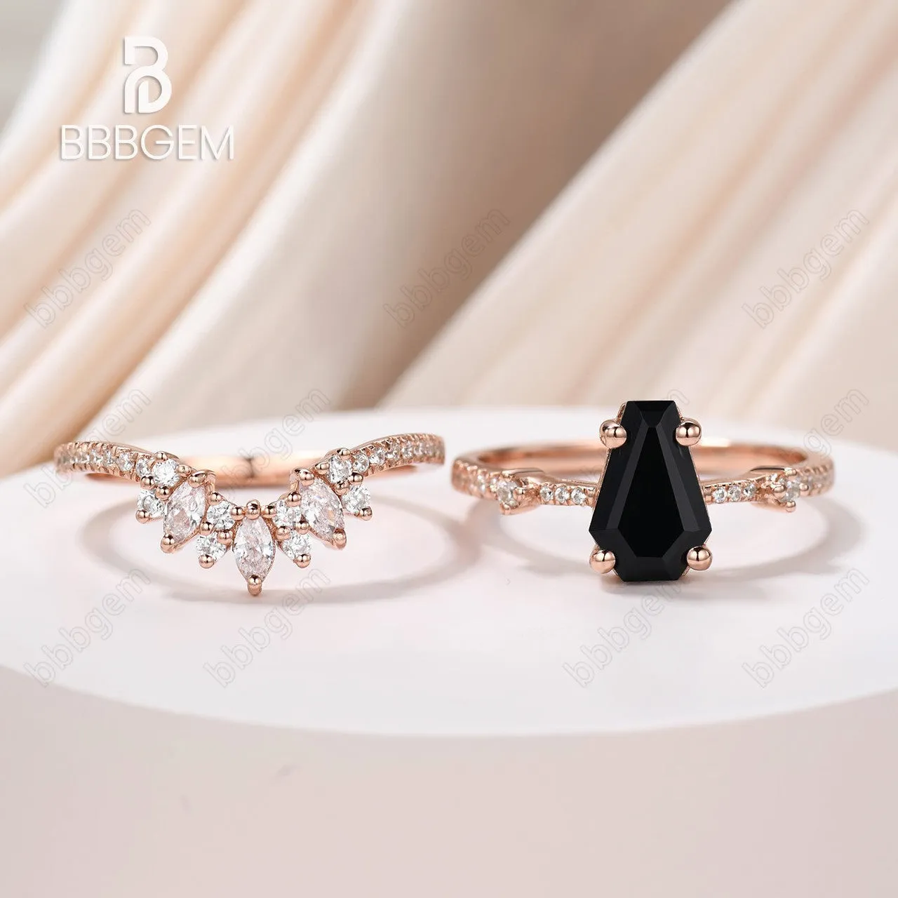 Unique Coffin Black Onyx Wedding Ring Set For Women Rose Gold Three Stone Coffin Ring Set Marquise Moissanite