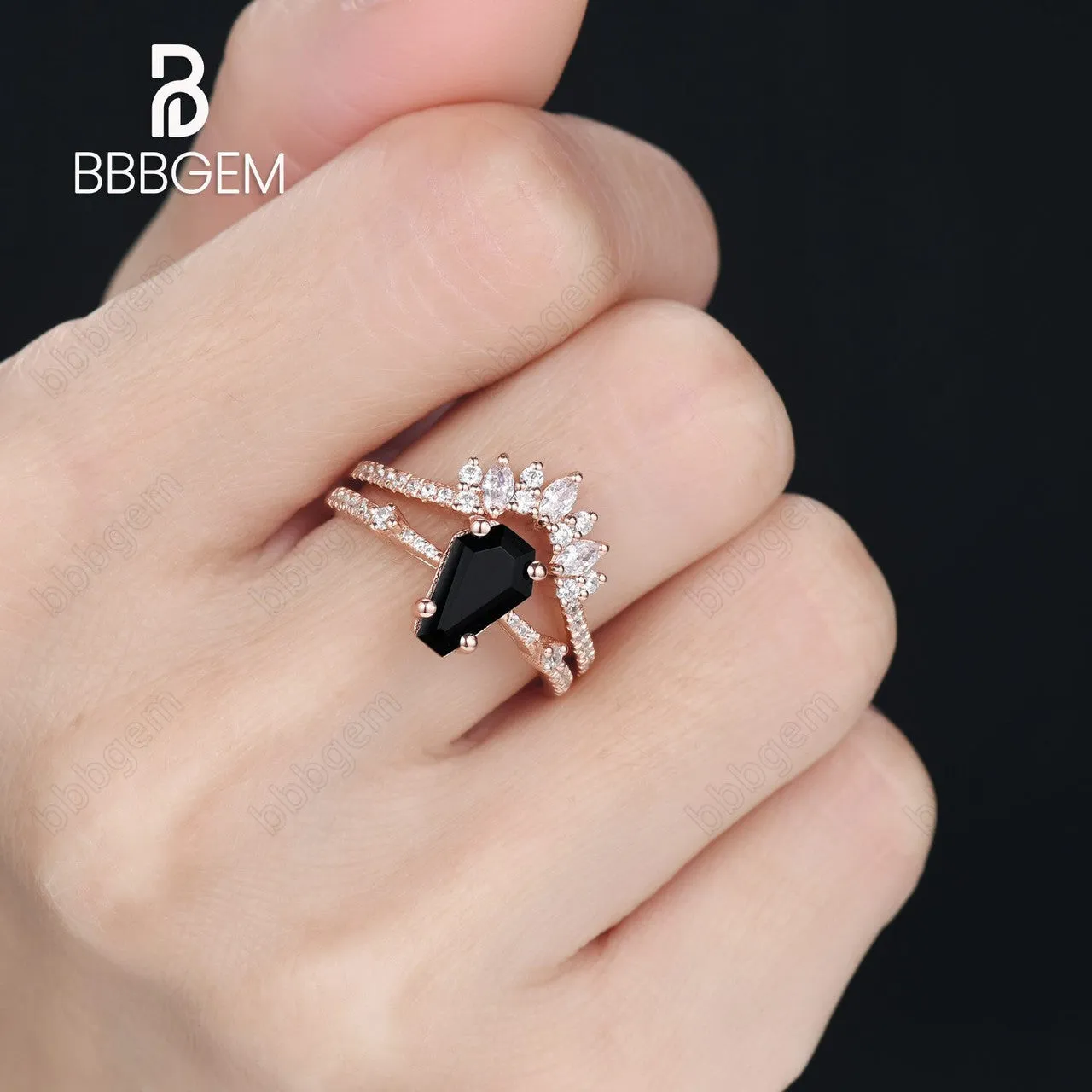 Unique Coffin Black Onyx Wedding Ring Set For Women Rose Gold Three Stone Coffin Ring Set Marquise Moissanite