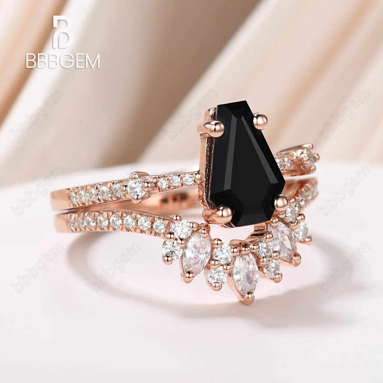 Unique Coffin Black Onyx Wedding Ring Set For Women Rose Gold Three Stone Coffin Ring Set Marquise Moissanite