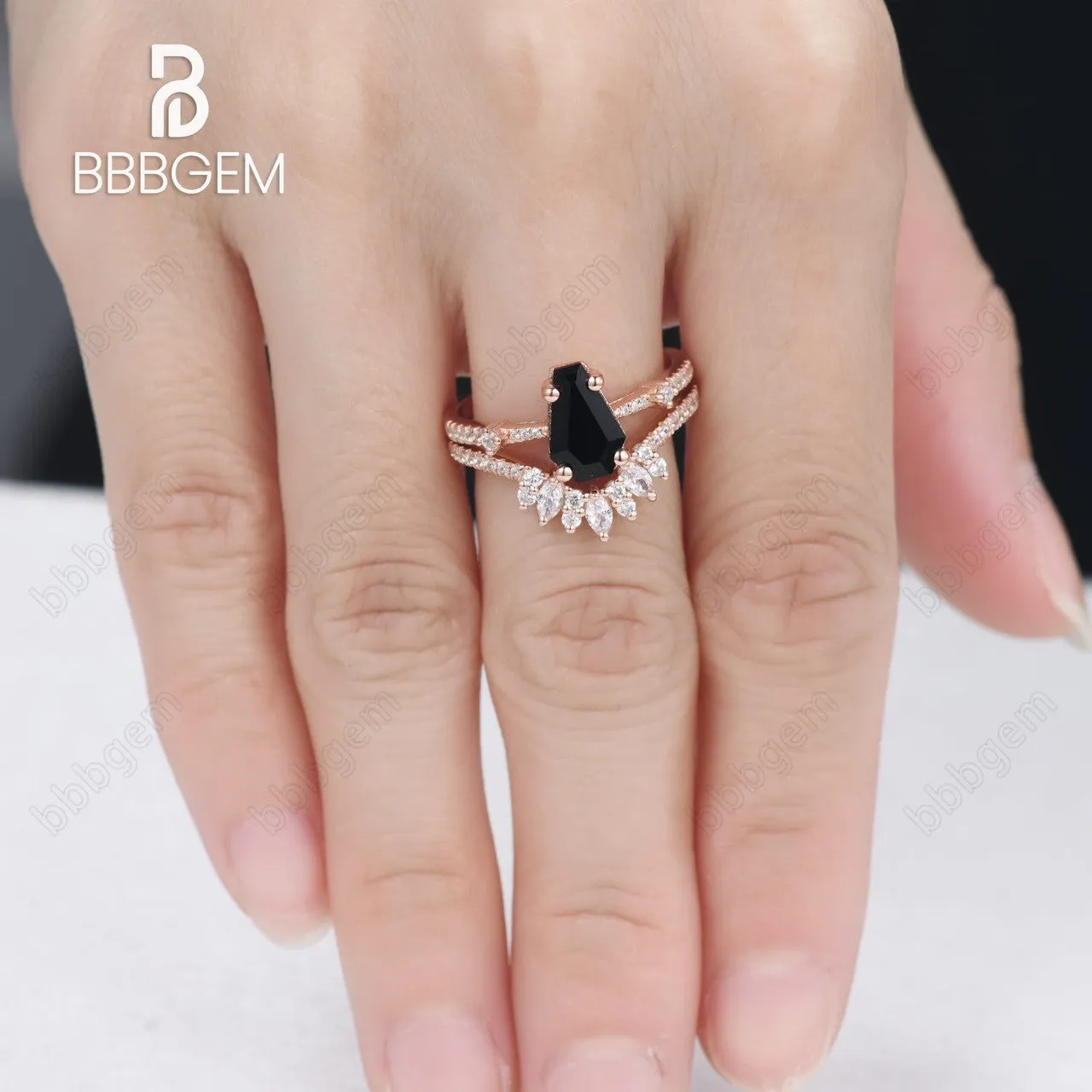 Unique Coffin Black Onyx Wedding Ring Set For Women Rose Gold Three Stone Coffin Ring Set Marquise Moissanite