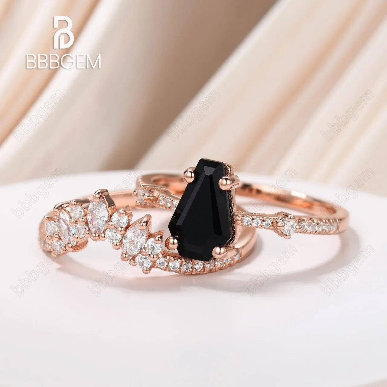 Unique Coffin Black Onyx Wedding Ring Set For Women Rose Gold Three Stone Coffin Ring Set Marquise Moissanite