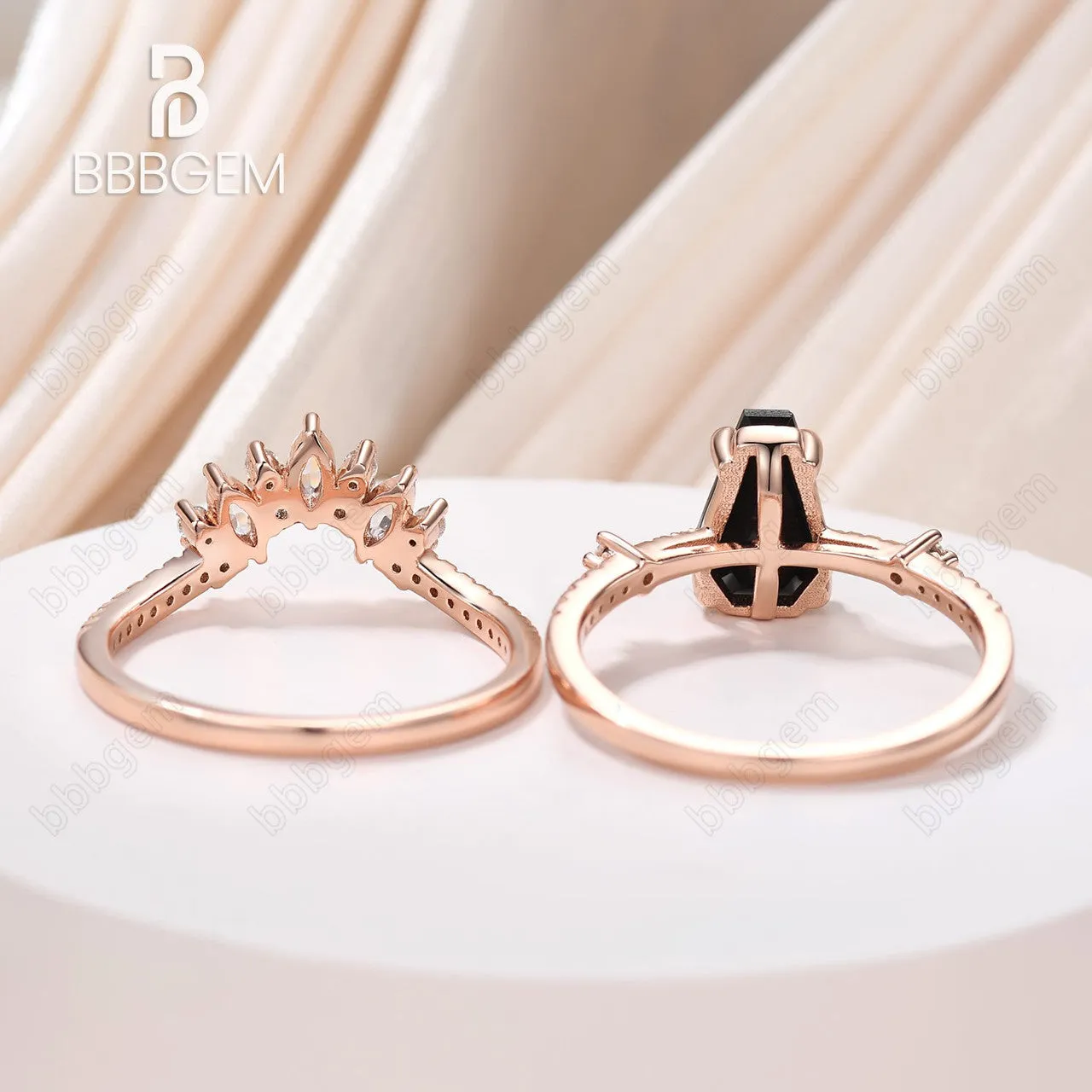 Unique Coffin Black Onyx Wedding Ring Set For Women Rose Gold Three Stone Coffin Ring Set Marquise Moissanite