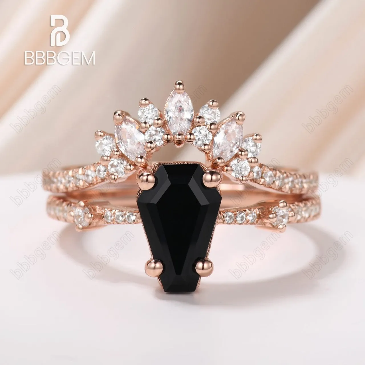 Unique Coffin Black Onyx Wedding Ring Set For Women Rose Gold Three Stone Coffin Ring Set Marquise Moissanite