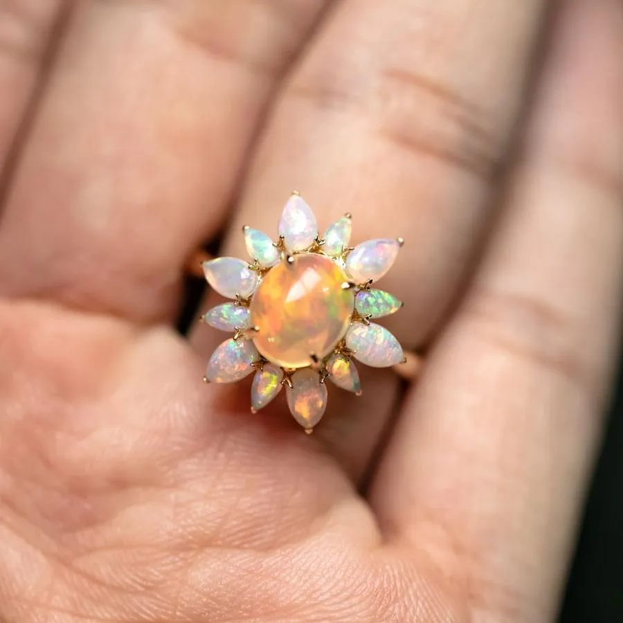 Unique Halo Design Mexican Fire Opal & Australian Opal Engagement Ring 18K Yellow Gold