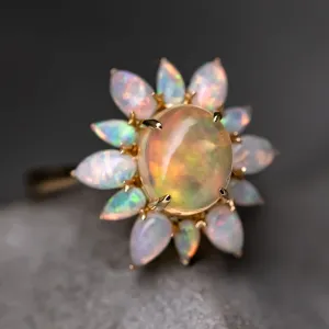 Unique Halo Design Mexican Fire Opal & Australian Opal Engagement Ring 18K Yellow Gold