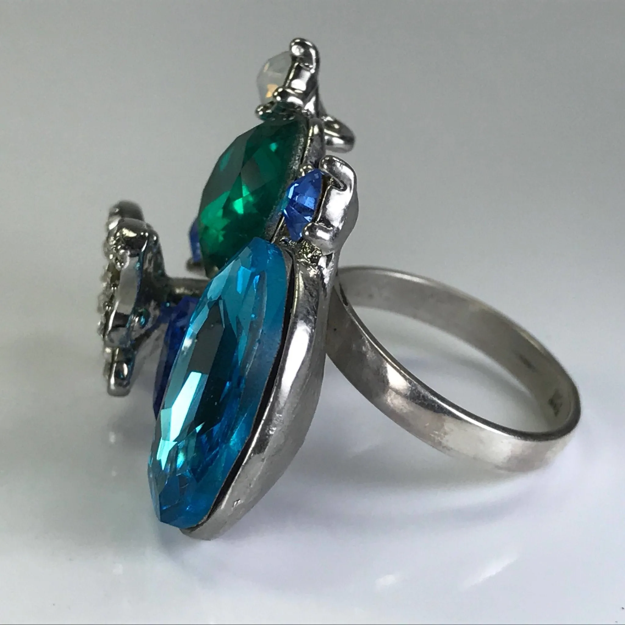 Upcycled Butterfly Ring. Blue Rhinestone Statement Ring. Costume Jewelry. Recycled Jewelry