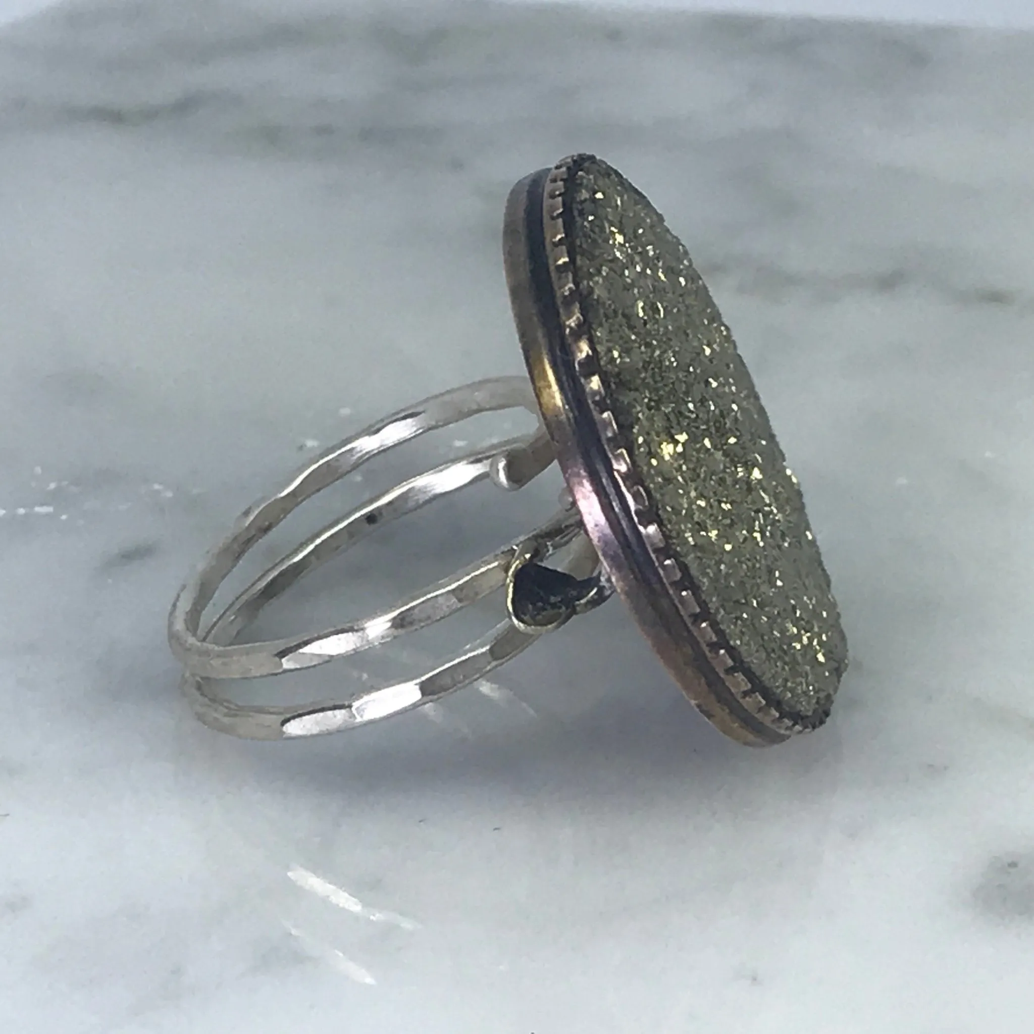 Upcycled Druzy Statement Ring. Vintage Pyrite Ring. Drusie Quartz. Recycled Jewelry.