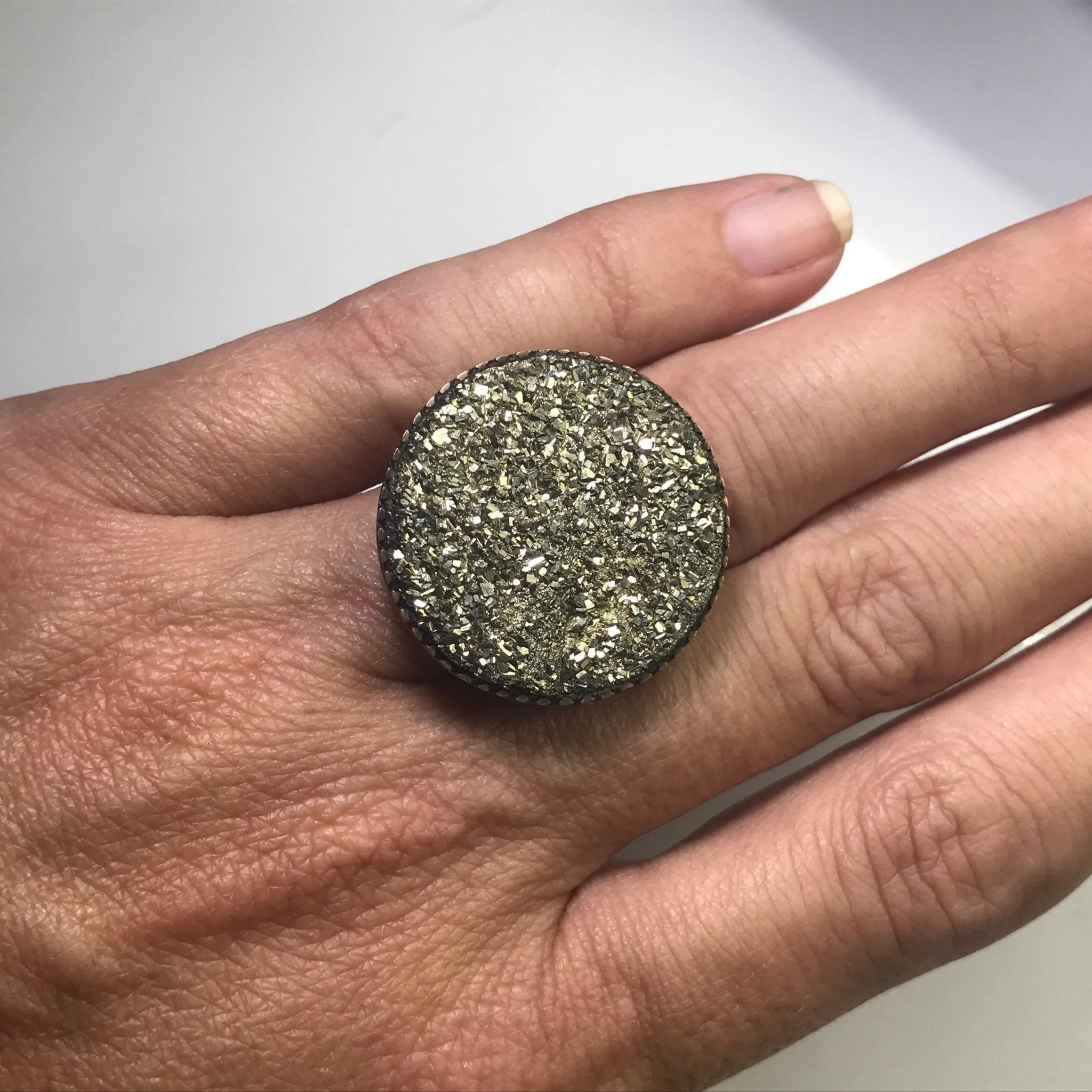 Upcycled Druzy Statement Ring. Vintage Pyrite Ring. Drusie Quartz. Recycled Jewelry.