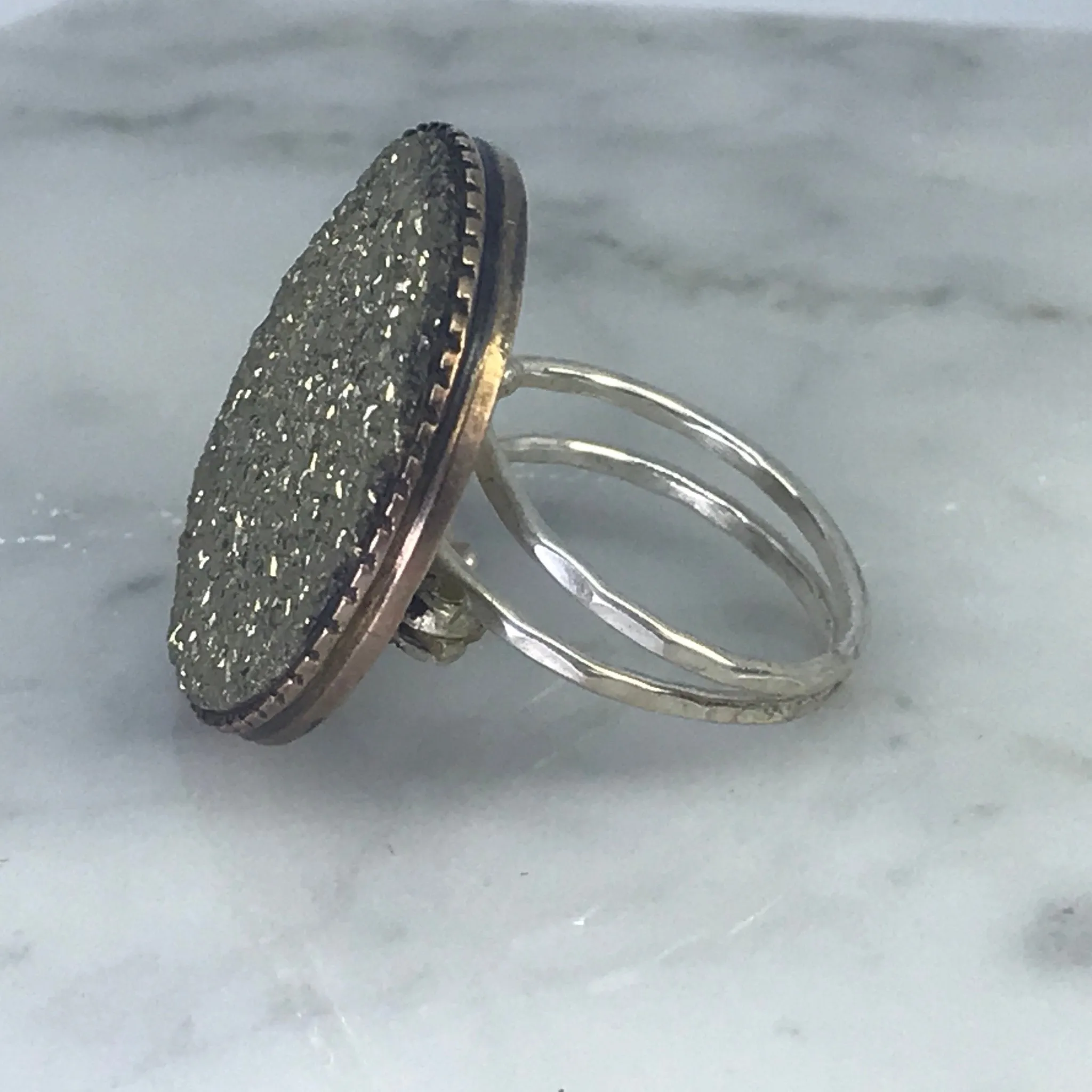 Upcycled Druzy Statement Ring. Vintage Pyrite Ring. Drusie Quartz. Recycled Jewelry.