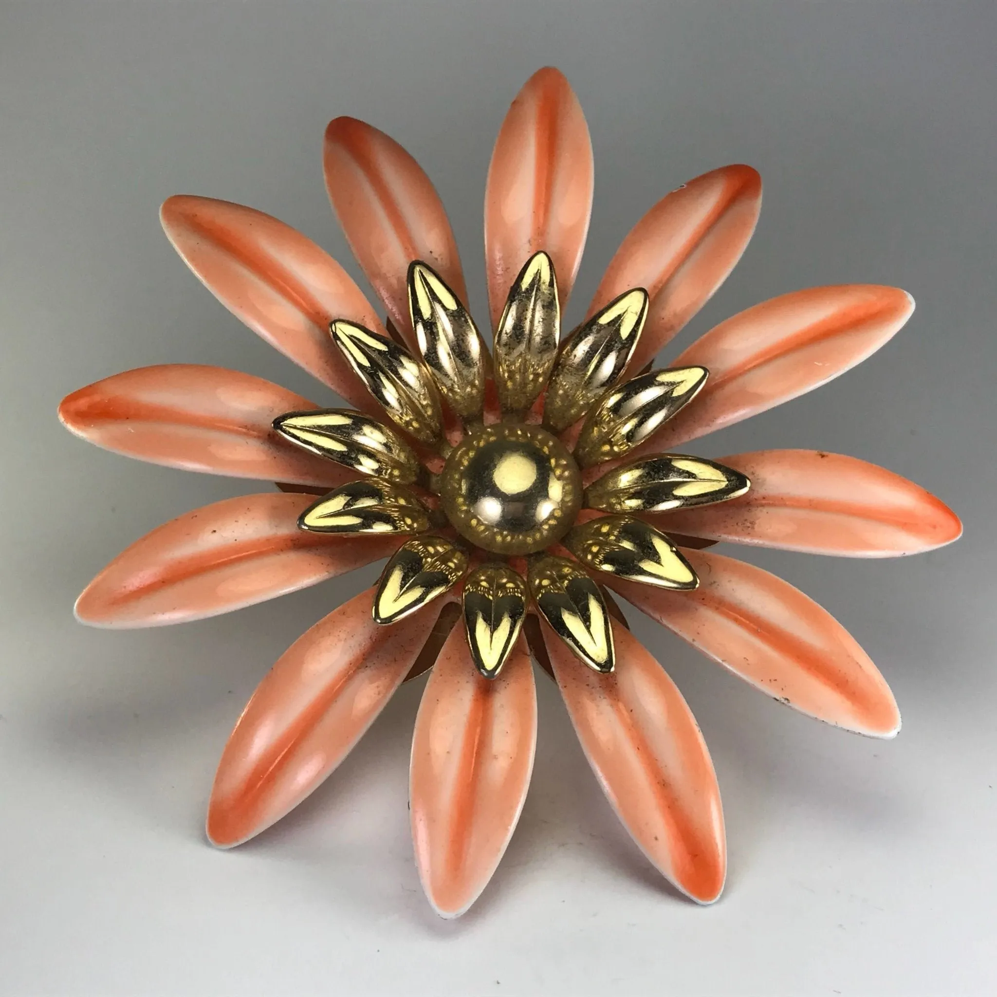 Upcycled Flower Statement Ring. Peach Gold Tone Flower. Vintage Recycled Jewelry.