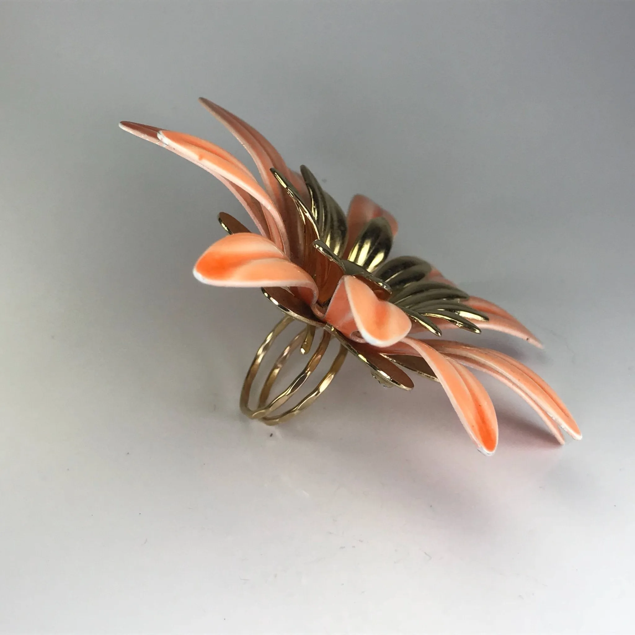 Upcycled Flower Statement Ring. Peach Gold Tone Flower. Vintage Recycled Jewelry.