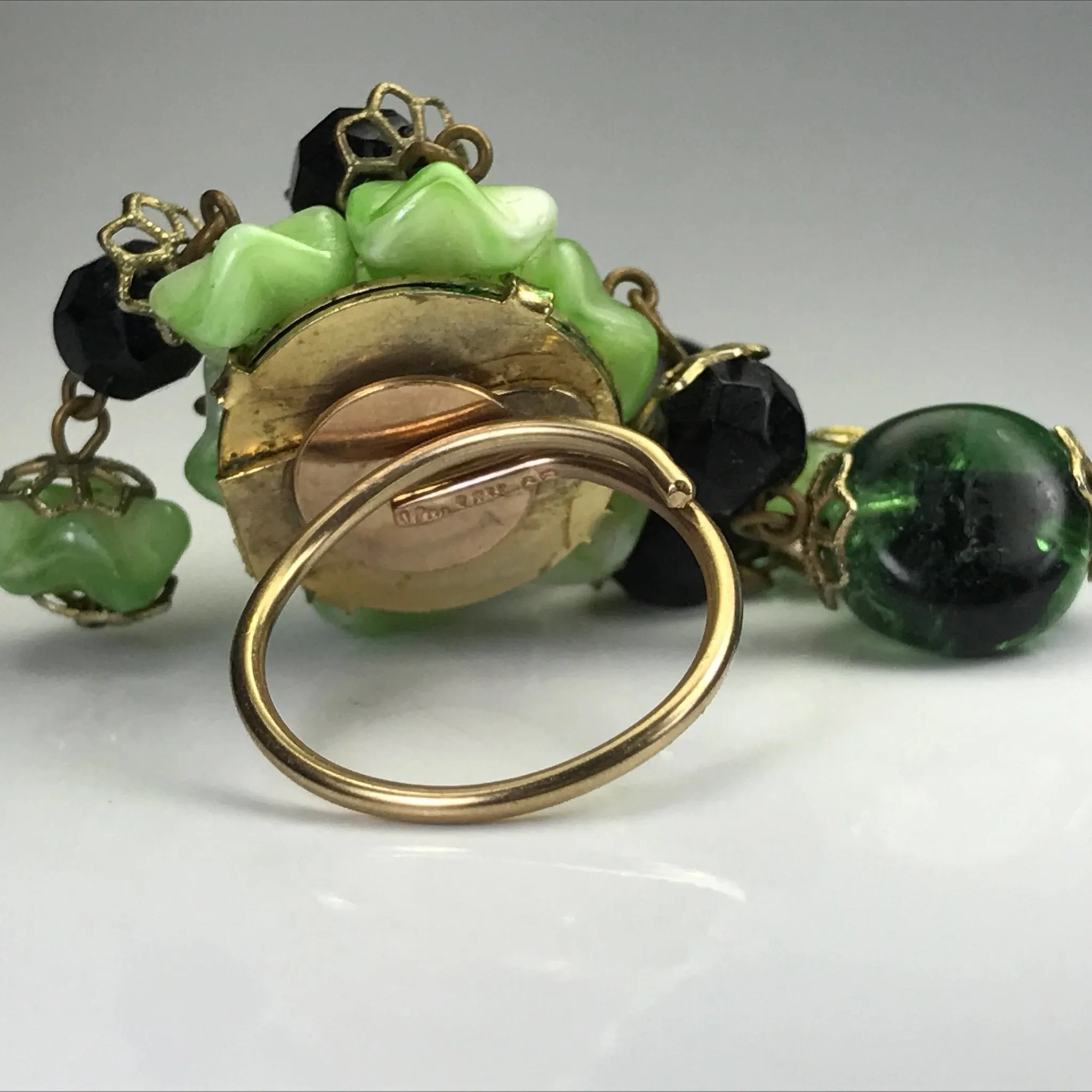 Upcycled Green Beaded Statement Ring. Recycled Estate Jewelry.