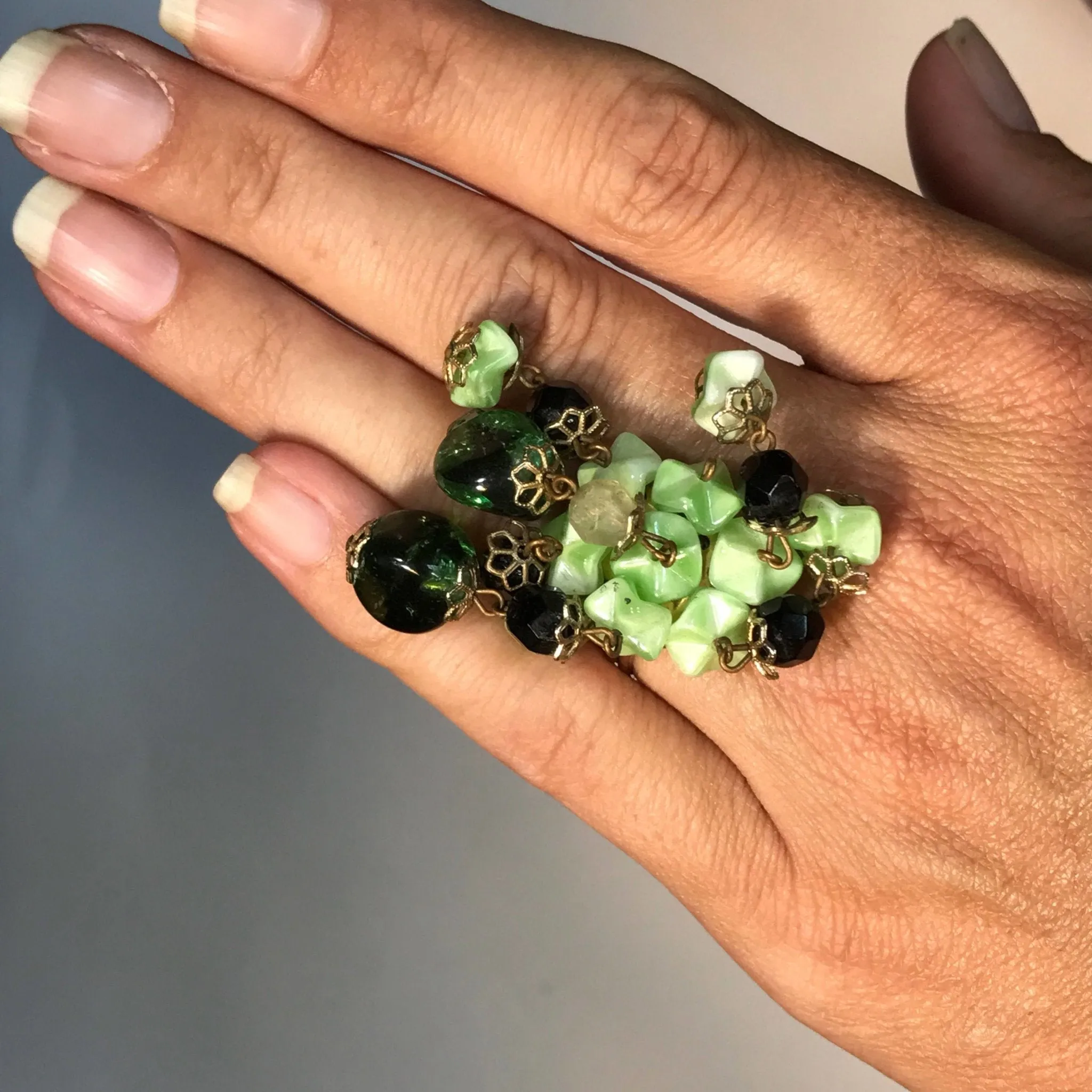 Upcycled Green Beaded Statement Ring. Recycled Estate Jewelry.