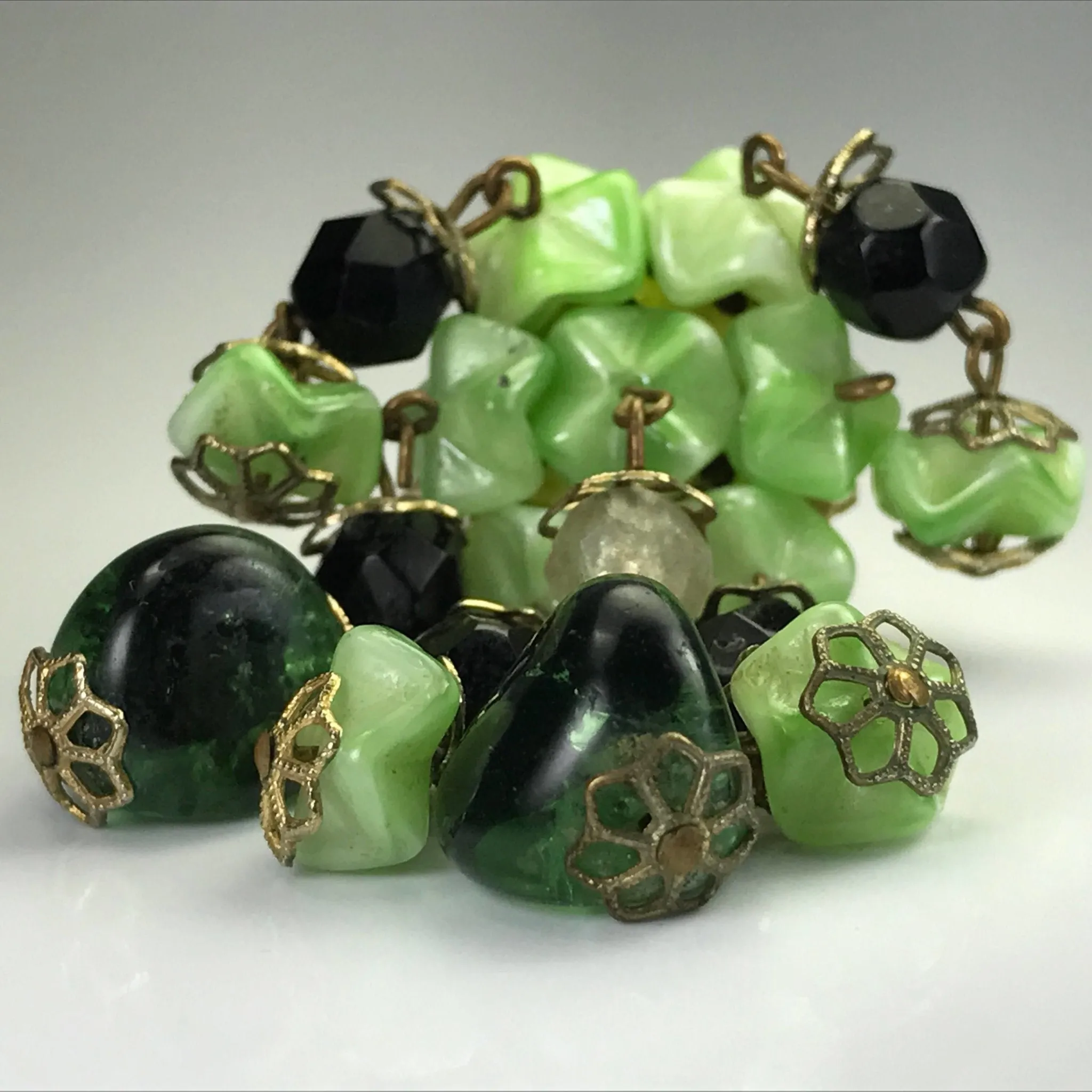 Upcycled Green Beaded Statement Ring. Recycled Estate Jewelry.