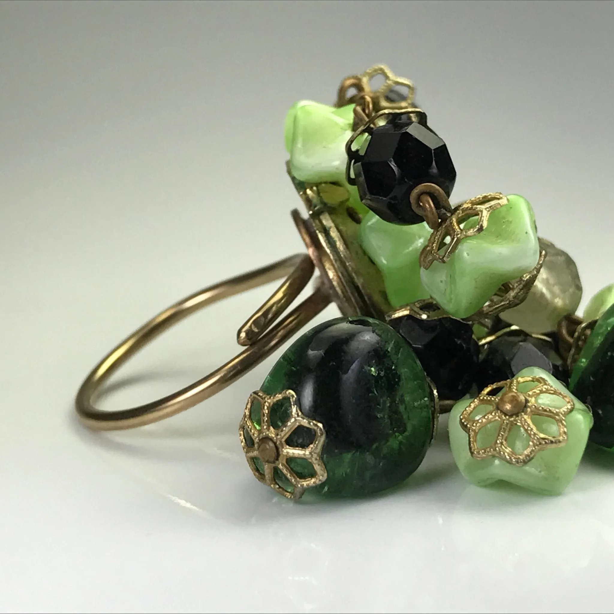 Upcycled Green Beaded Statement Ring. Recycled Estate Jewelry.